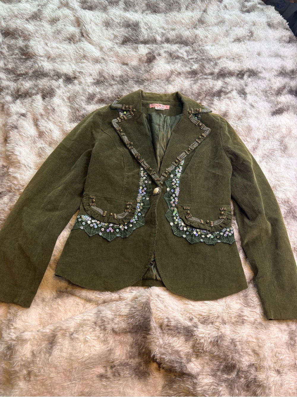 Vintage Y2K Moa Olive Green Embellished Corduroy Blazer